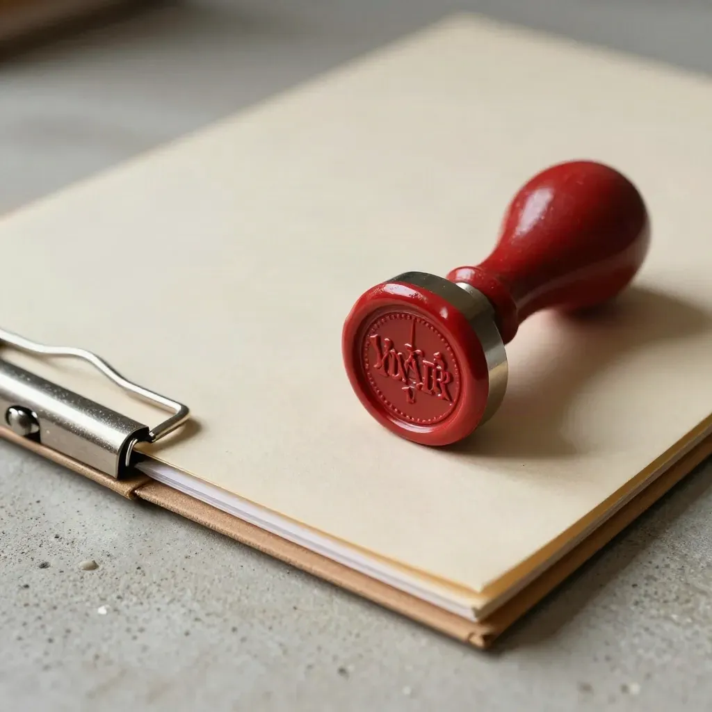 Morsetto e cartella archivio con sigillo in ceralacca cremisi su cemento chiaro